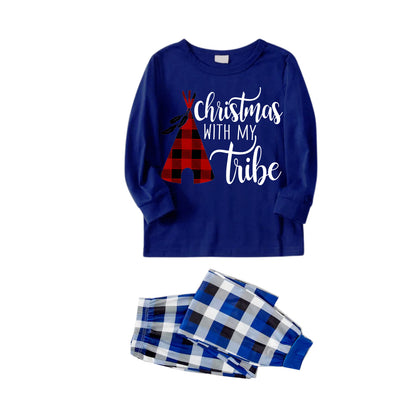"Christmas With My Tribe"  Pattern Blue Long Sleeves with Blue&White&Black Plaid Pants Family Matching Pajamas