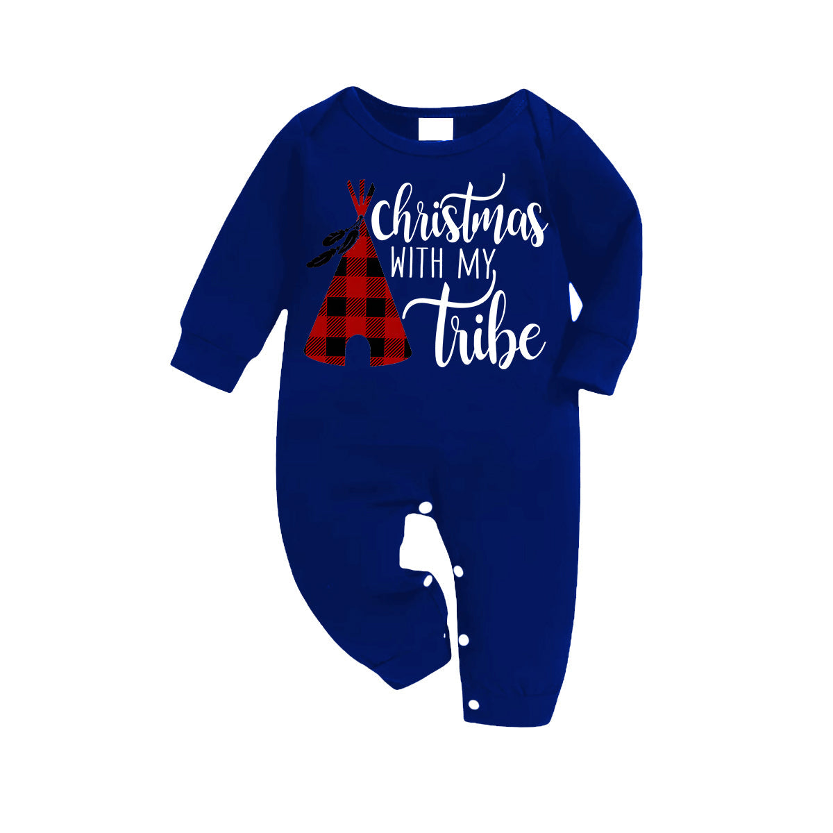 "Christmas With My Tribe"  Pattern Blue Long Sleeves with Blue&White&Black Plaid Pants Family Matching Pajamas