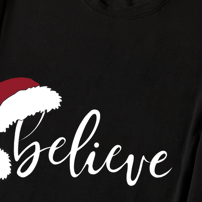 Christmas "Believe" Text Print Black Long Sleeve Top with Green and Black Plaid Family Matching Pajamas