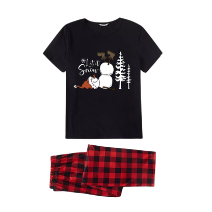 "Let it Snow" Snowman Pattern Black Short Sleeve with Red & Black Plaid Pant Family Matching Pajamas