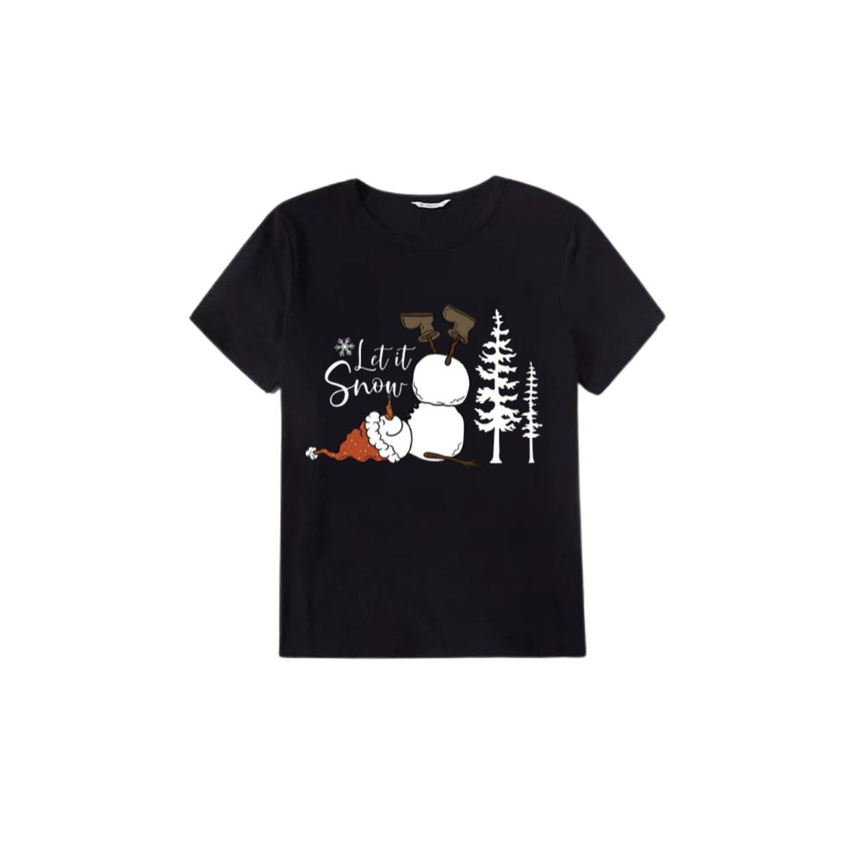 "Let it Snow" Snowman Pattern Black Short Sleeve with Red & Black Plaid Pant Family Matching Pajamas