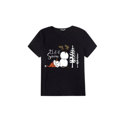 "Let it Snow" Snowman Pattern Black Short Sleeve with Red & Black Plaid Pant Family Matching Pajamas