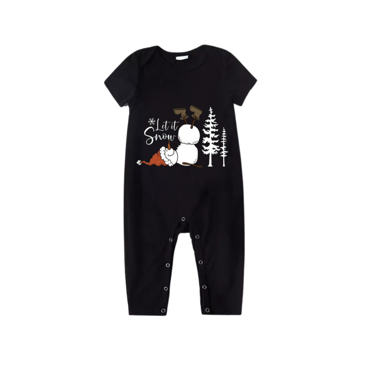 "Let it Snow" Snowman Pattern Black Short Sleeve with Red & Black Plaid Pant Family Matching Pajamas