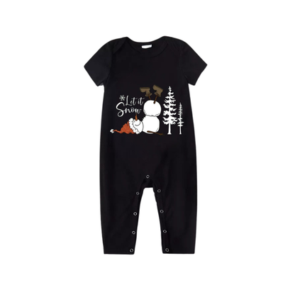 "Let it Snow" Snowman Pattern Black Short Sleeve with Red & Black Plaid Pant Family Matching Pajamas