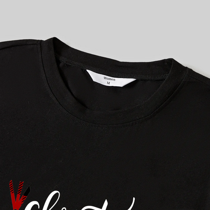 "Merry Christmas" Text Print Black Long Sleeve Top with Green and Black Plaid Family Matching Pajamas