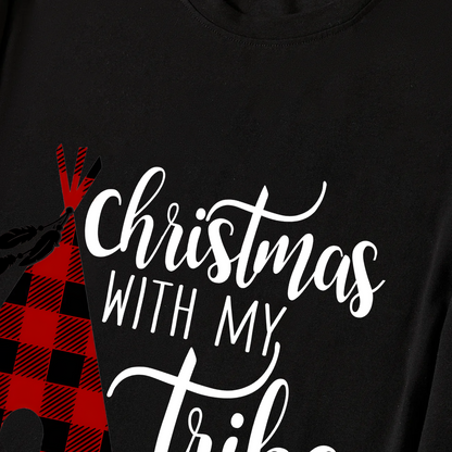 "Merry Christmas" Text Print Black Long Sleeve Top with Green and Black Plaid Family Matching Pajamas