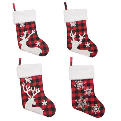 Christmas Cute Elk Snow Stocking Gift Bags Red & Black Plaid