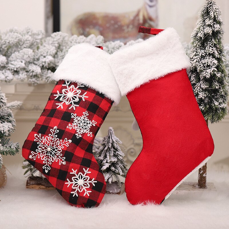 Christmas Cute Elk Snow Stocking Gift Bags Red & Black Plaid