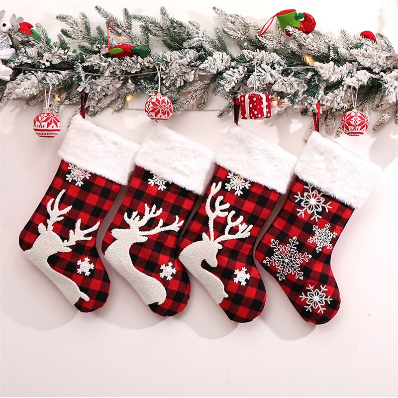 Christmas Cute Elk Snow Stocking Gift Bags Red & Black Plaid