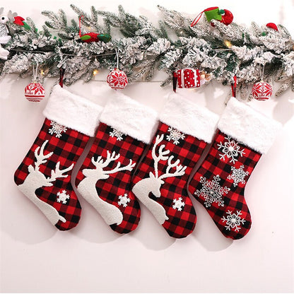 Christmas Cute Elk Snow Stocking Gift Bags Red & Black Plaid