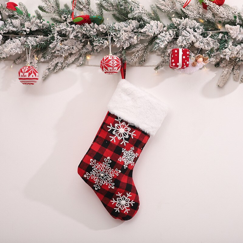 Christmas Cute Elk Snow Stocking Gift Bags Red & Black Plaid