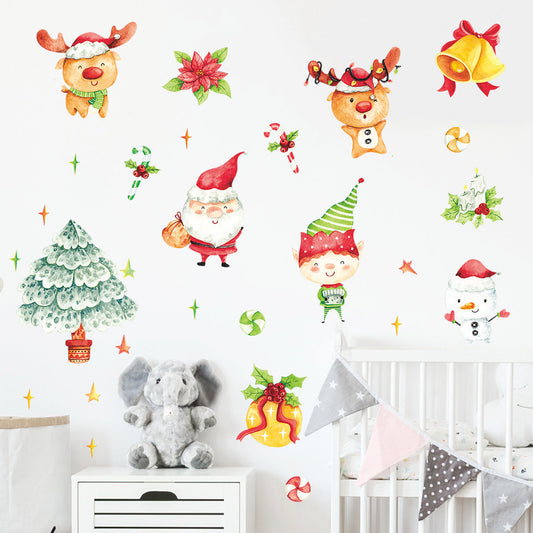 Christmas Cartoon Painted Santa Snowman Tree Kid Wreath Bell Wall Sticker Glass Door Decoration xmas017