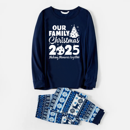 'Our Family Chirstmas 2025 Making Memories Together' Letter Print Blue Long Sleeve With Blue Floral Pants Family Matching Pajamas Sets