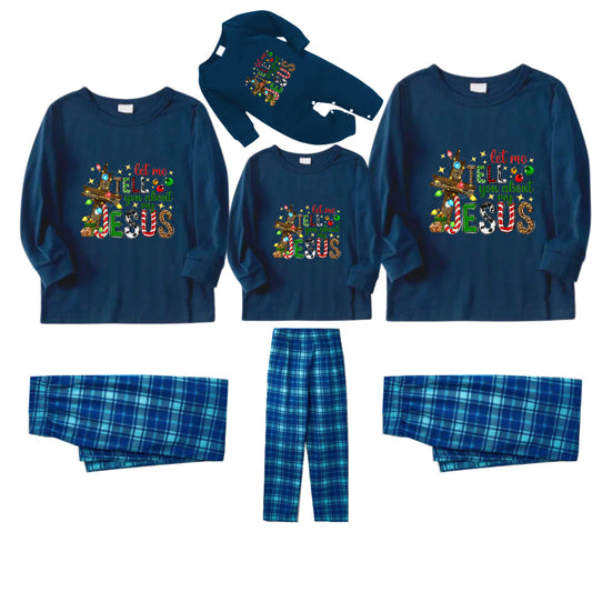 Christmas Family Matching Pajamas-Navy & Sky Blue Plaid Pjs Set with "Let Me Tell You About My Jesus" Print