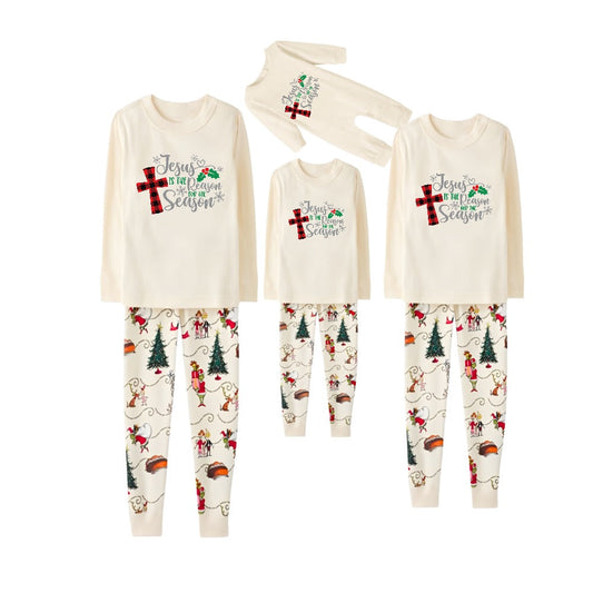 Beige Christmas Pattern Print Christmas Pajamas Set With Jesus Text Print