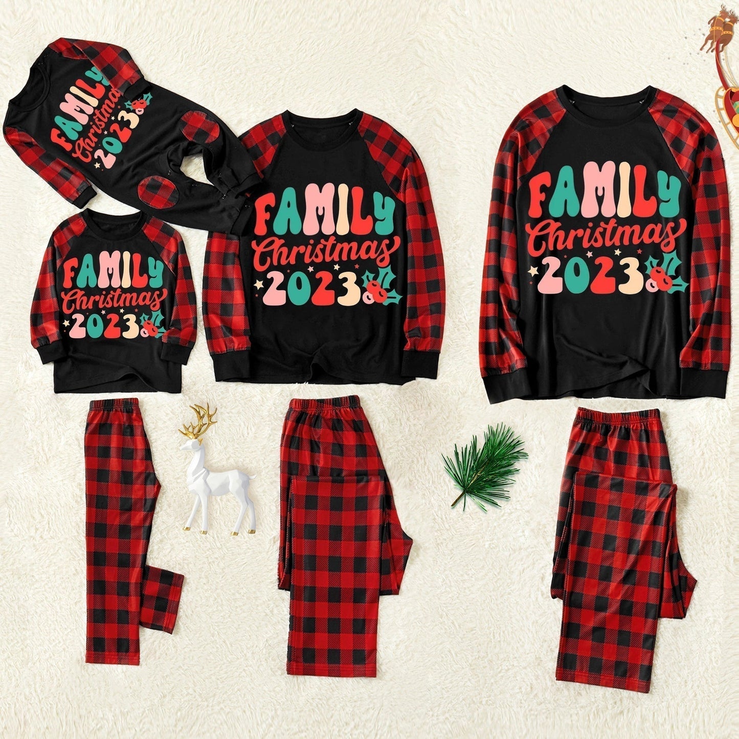 Christmas ”Ho Ho Ho“ Letter Print Santa Claus & Gingerbread & Elk Patterned Contrast Black top and Black & Red Plaid Pants Family Matching Pajamas Set With Dog Bandana