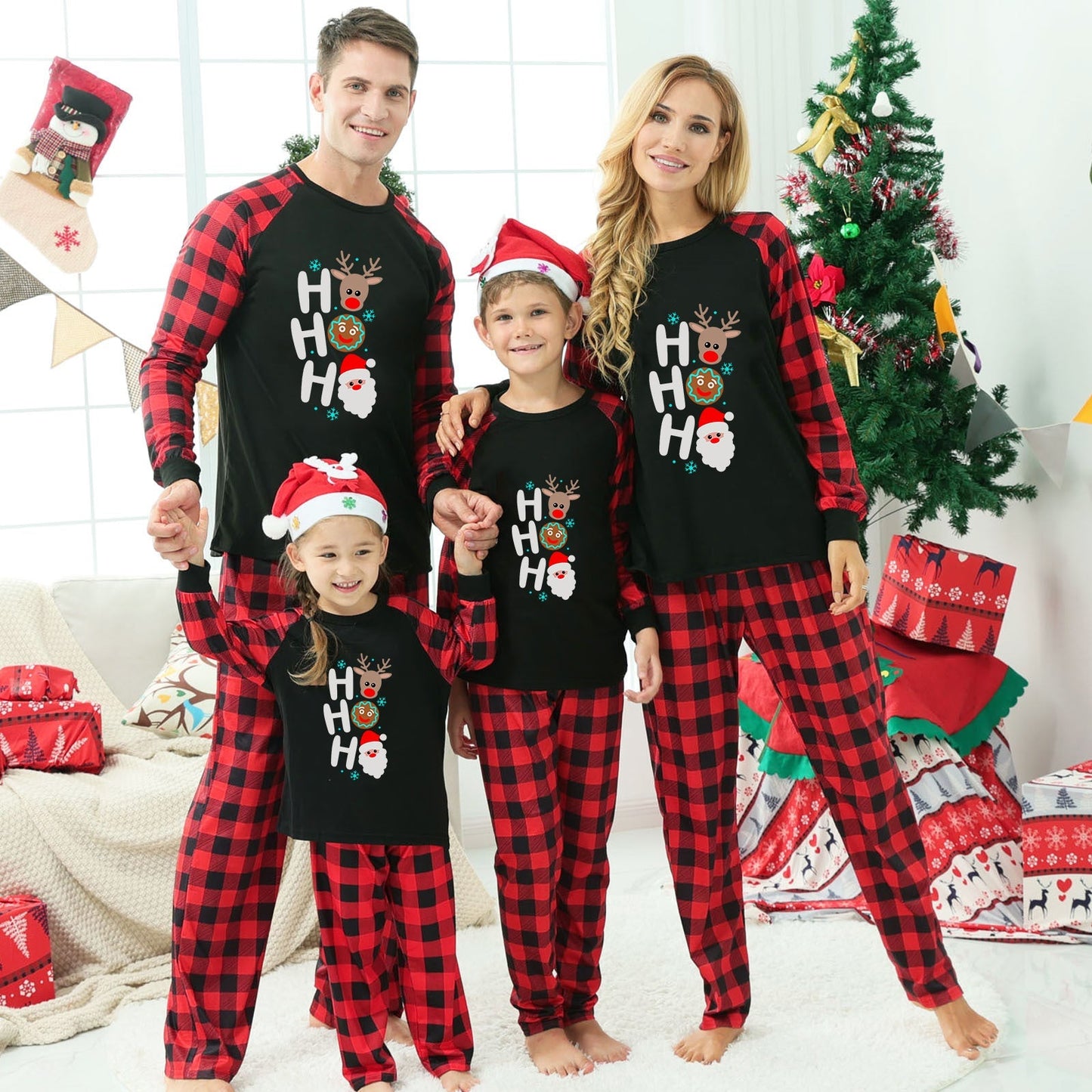 Christmas ”Ho Ho Ho“ Letter Print Santa Claus & Gingerbread & Elk Patterned Contrast Black top and Black & Red Plaid Pants Family Matching Pajamas Set With Dog Bandana