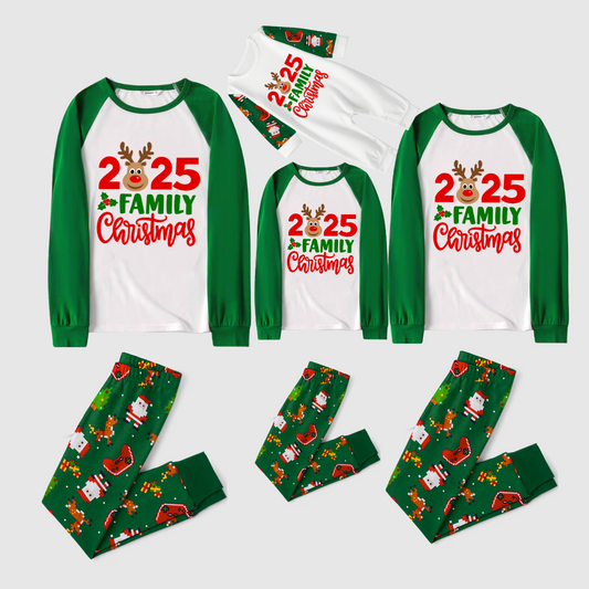 2025 Reindeer Family Christmas Family Pajamas Set - White Top / Green Santa Print Pants / Green Sleeves