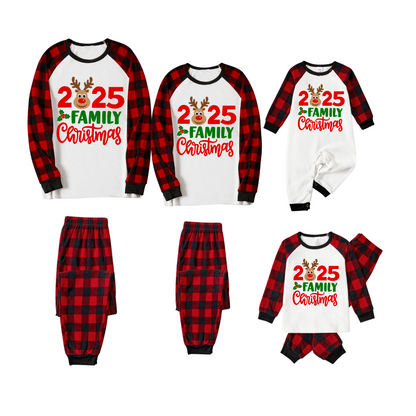 2025 Reindeer Family Christmas Family Pajamas Set - White Top / Red Plaid Pants / Red Plaid Sleeves