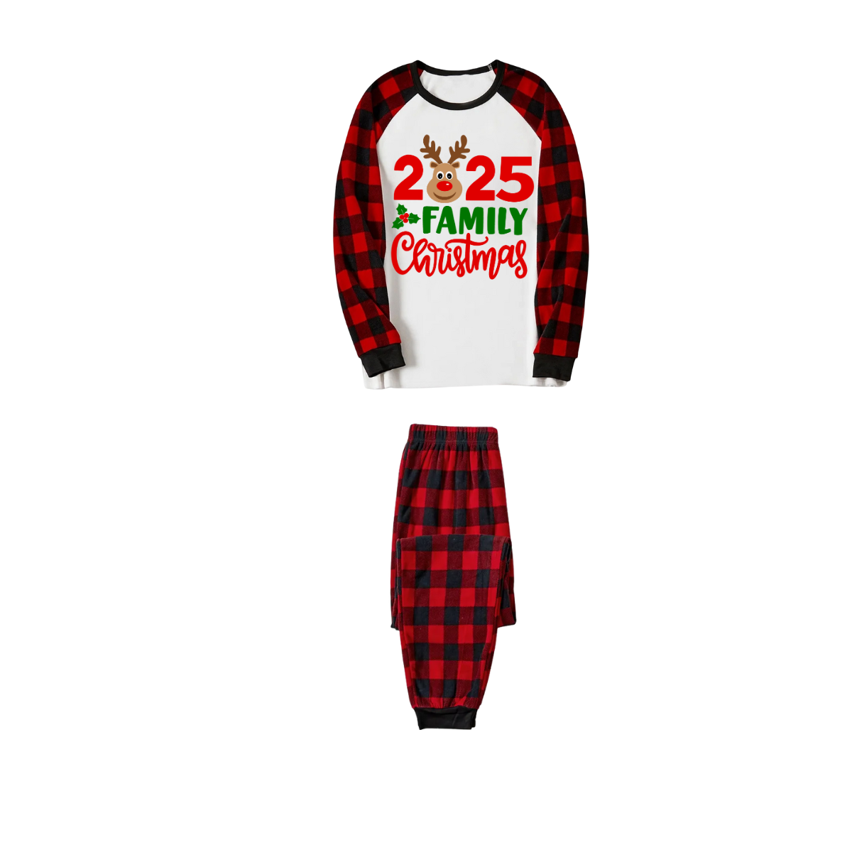 2025 Reindeer Family Christmas Family Pajamas Set - White Top / Red Plaid Pants / Red Plaid Sleeves