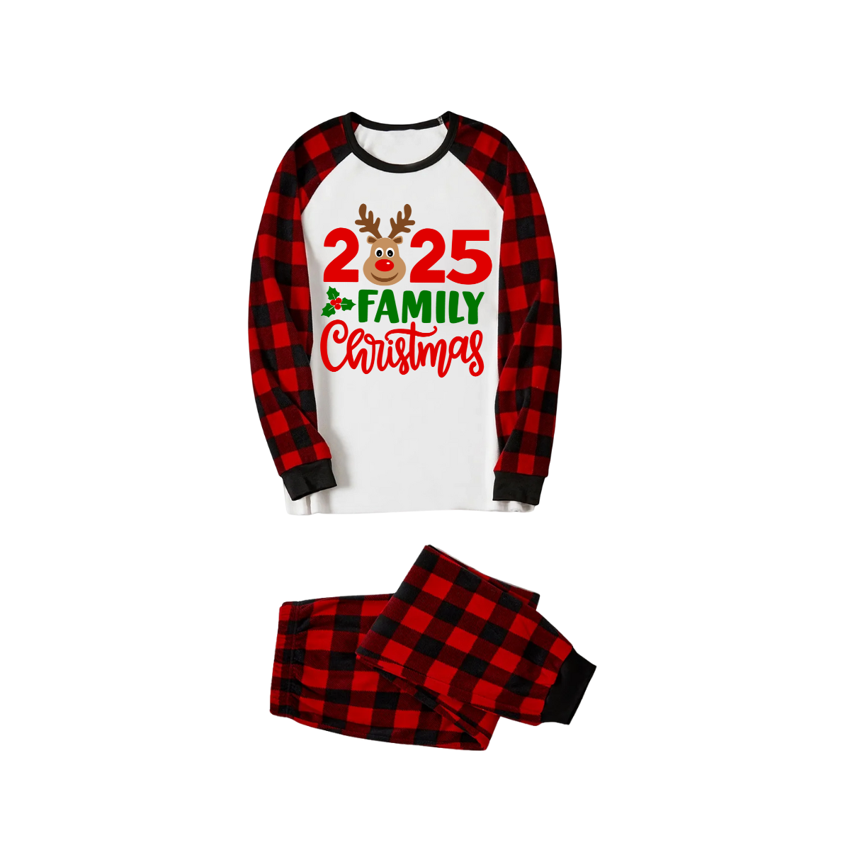 2025 Reindeer Family Christmas Family Pajamas Set - White Top / Red Plaid Pants / Red Plaid Sleeves