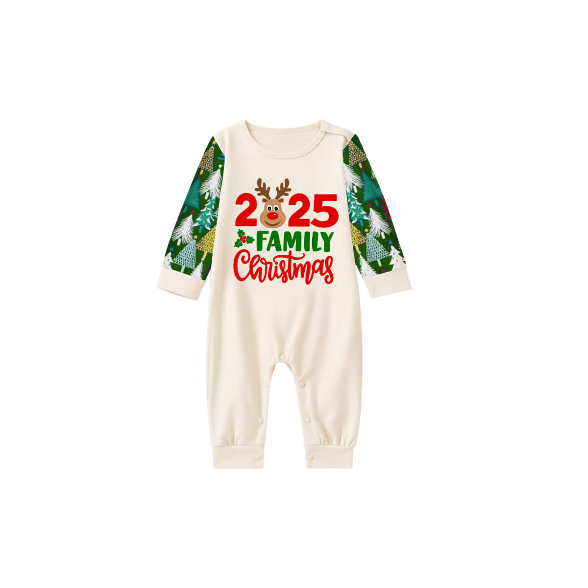 2025 Reindeer Family Christmas Family Pajamas Set - Cream Top / Green Tree Print Pants / Green Tree Print Sleeves