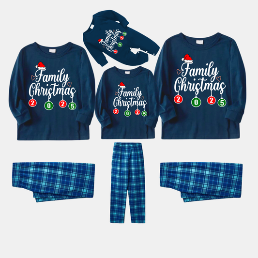 "Family Christmas 2025" Letter Printed Blue Long Sleeve Top With Blue Plaid Family Matching Pajamas