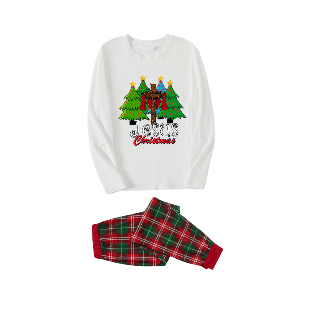 Christmas Tree and Jesus Christmas Text Printed Red and Green Plaid Christmas Pajama Set