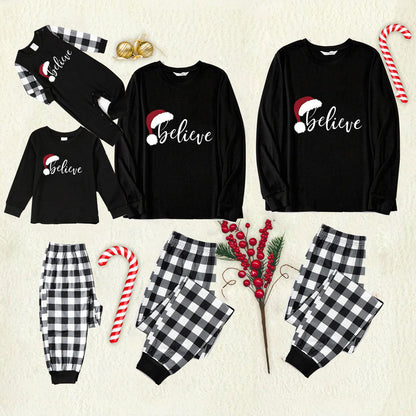 Christmas Hat and 'Believe“ Letter Print Patterned Black & White Plaid Pajamas Set