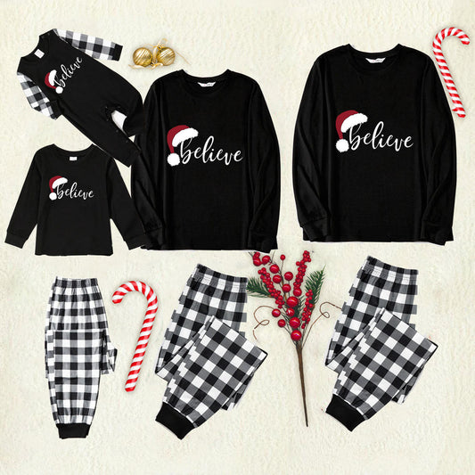 Christmas Hat and 'Believe“ Letter Print Patterned Black & White Plaid Pajamas Set