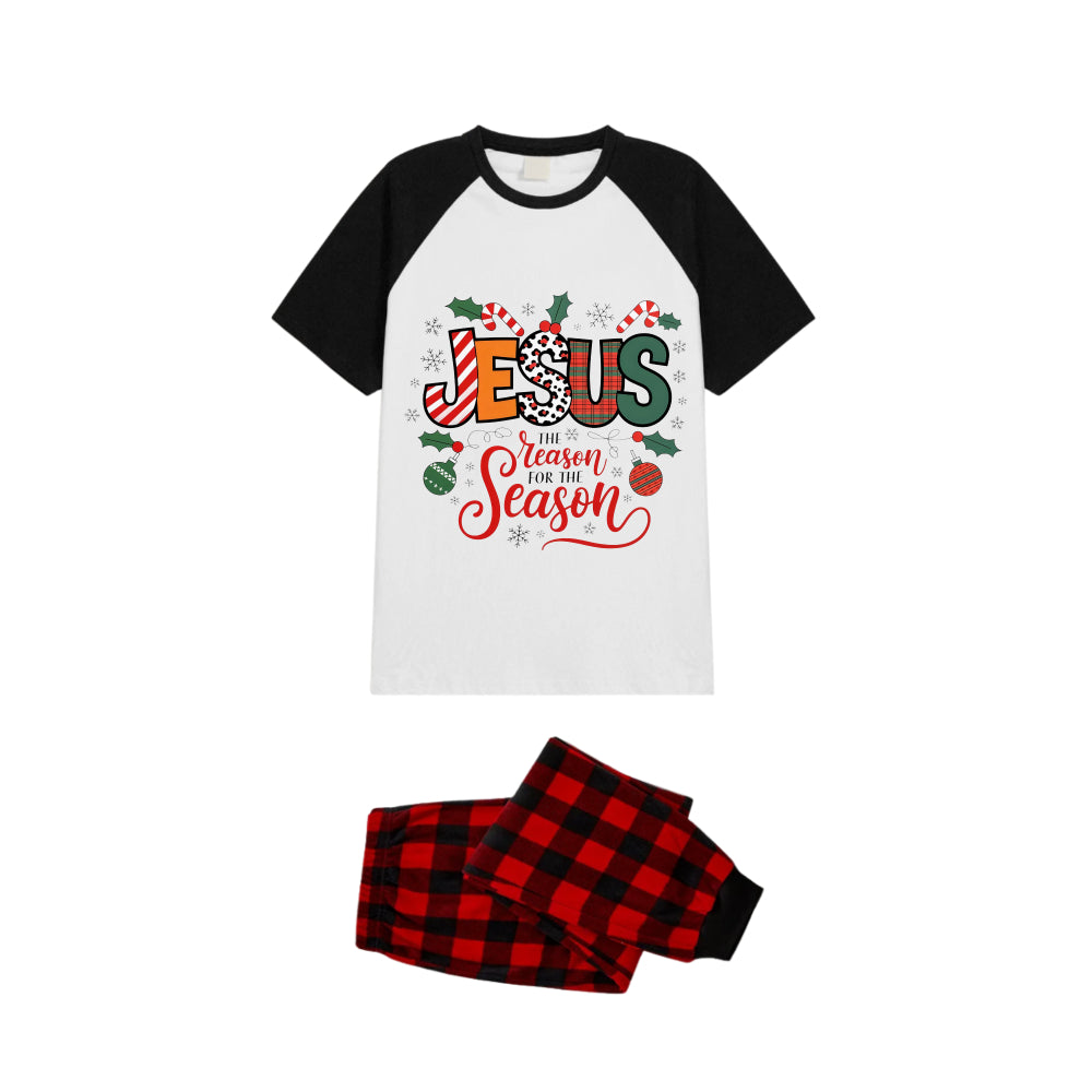 Black and Red Plaid Raglan Short Sleeve Pajamas Set With "Jesus" and Christmas Pattern Print