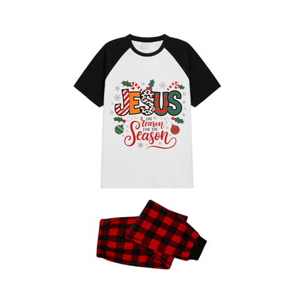 Black and Red Plaid Raglan Short Sleeve Pajamas Set With "Jesus" and Christmas Pattern Print