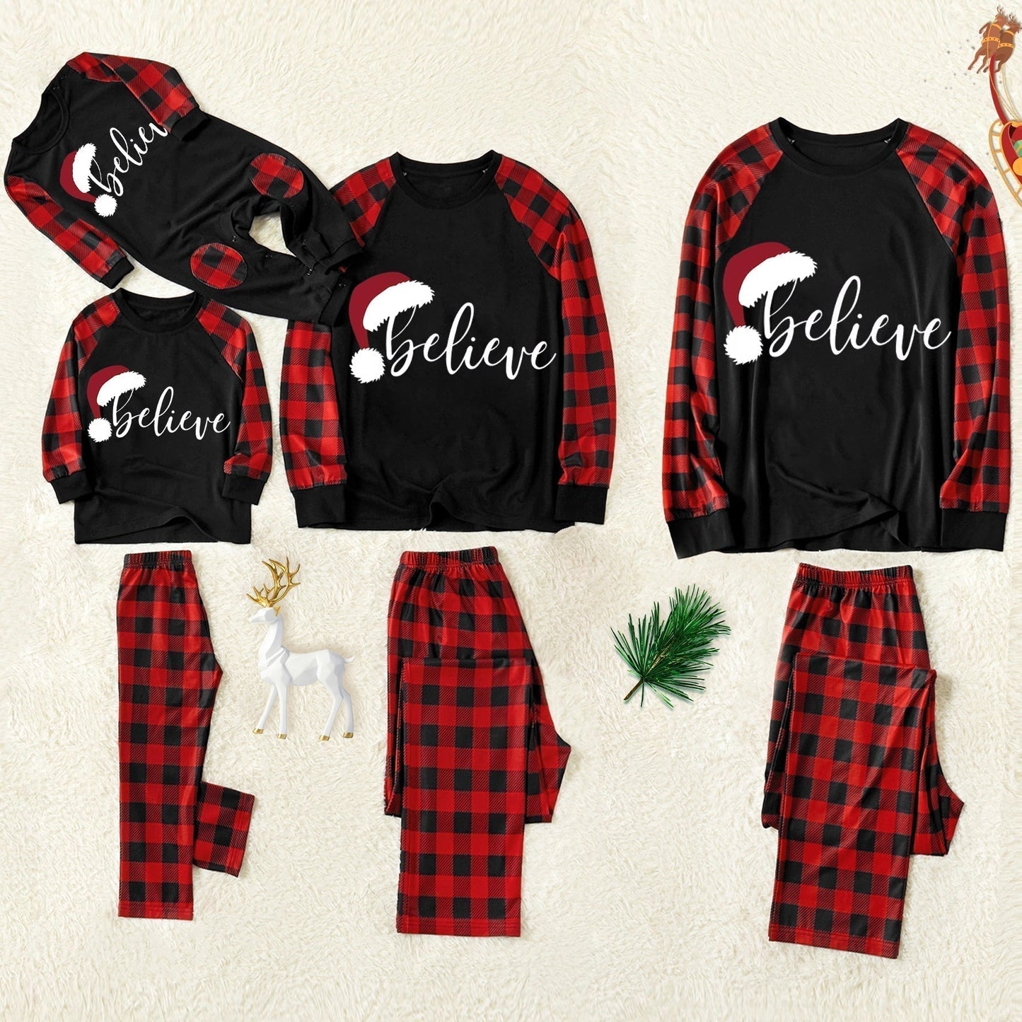 Christmas ”Ho Ho Ho“ Letter Print Santa Claus & Gingerbread & Elk Patterned Contrast Black top and Black & Red Plaid Pants Family Matching Pajamas Set With Dog Bandana