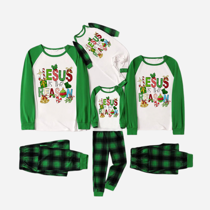 Christmas Cartoon Family Christmas Pajamas Set - White Top with Green Sleeves and Green Plaid Pants and “Jesus is the Reason” Design