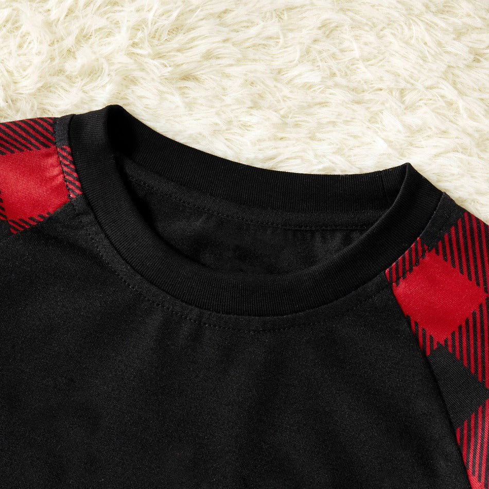 Christmas "Jesus is the Reason of the Season" Letter Print Patterned Contrast Black top and Black & Red Plaid Pants Family Matching Pajamas Set With Dog Bandana