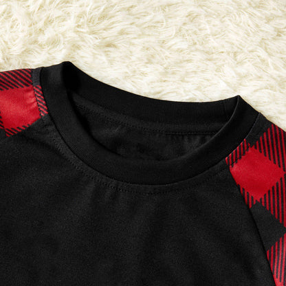 Christmas "Jesus is the Reason of the Season" Letter Print Patterned Contrast Black top and Black & Red Plaid Pants Family Matching Pajamas Set With Dog Bandana