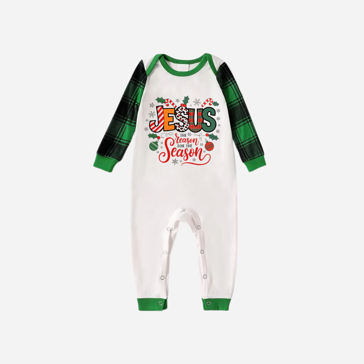 "Jesus is the REASON for the Season" Matching Christmas Pajamas Set - Green Raglan Top and Green Plaid Pants Pajamas