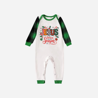 "Jesus is the REASON for the Season" Matching Christmas Pajamas Set - Green Raglan Top and Green Plaid Pants Pajamas