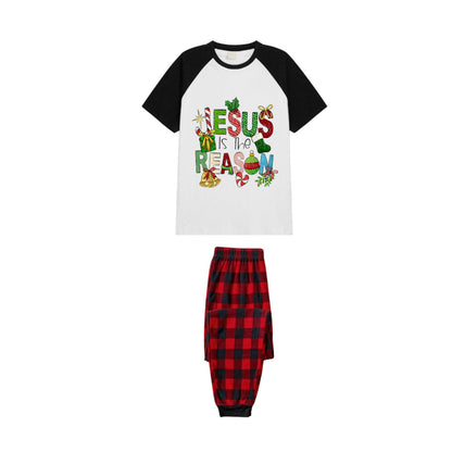Black and Red Plaid Raglan Short Sleeve Pajamas Set With "Jesus Is The Reason" Slogan Print