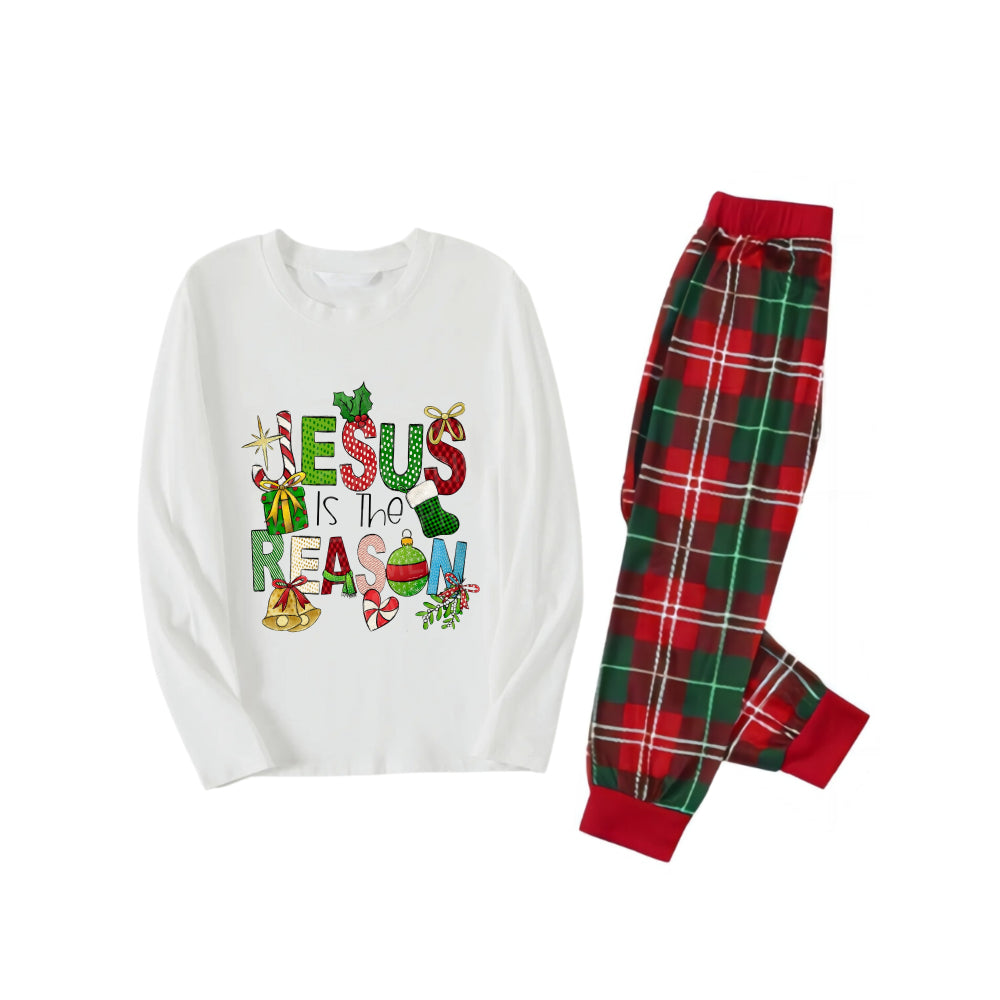 “Jesus Is The Reason” Christmas Printed Red and Green Plaid Christmas Pajama Set