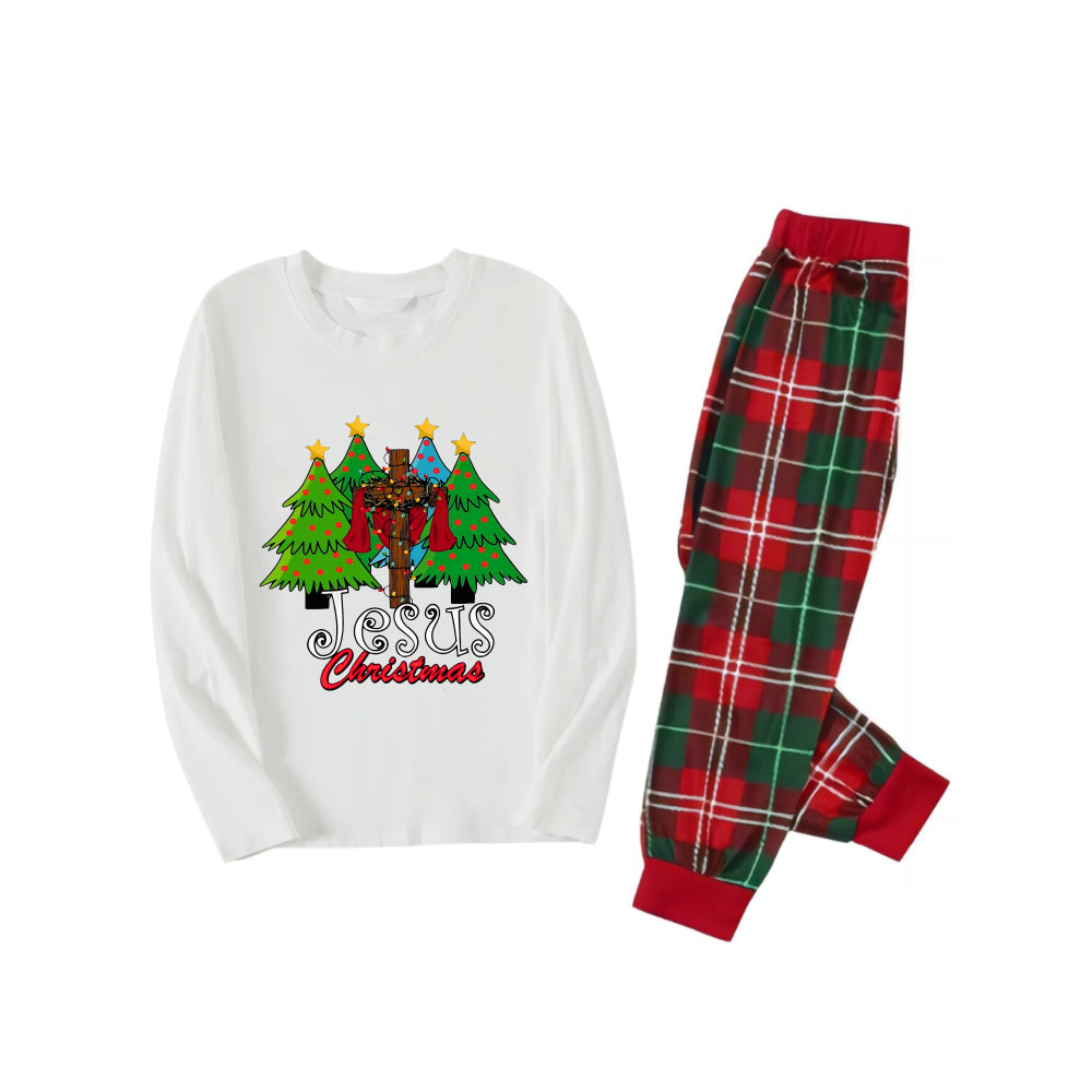Christmas Tree and Jesus Christmas Text Printed Red and Green Plaid Christmas Pajama Set