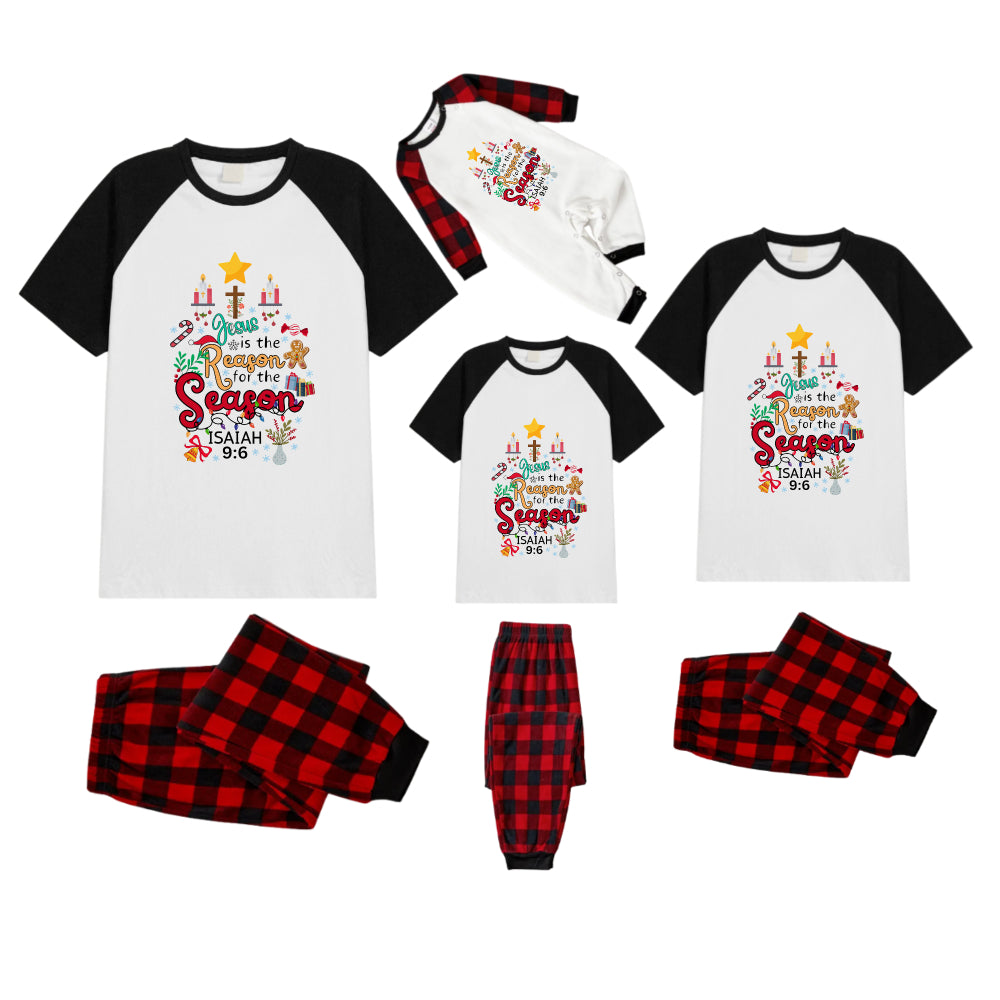 Black and Red Plaid Raglan Short Sleeve Pajamas Set With "Jesus Is The Reason For The Season" Print