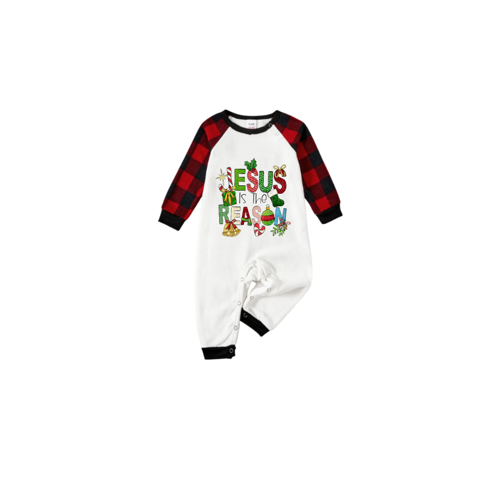 Black and Red Plaid Raglan Short Sleeve Pajamas Set With "Jesus Is The Reason" Slogan Print