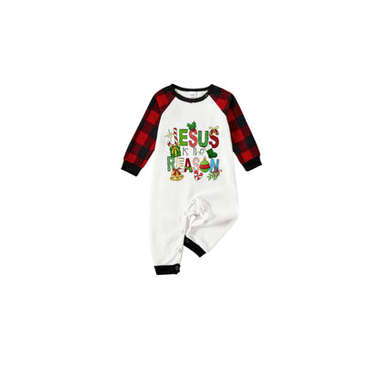 Black and Red Plaid Raglan Short Sleeve Pajamas Set With "Jesus Is The Reason" Slogan Print