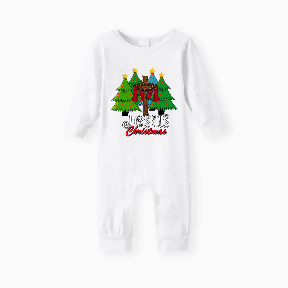 Christmas Tree and Jesus Christmas Text Printed Red and Green Plaid Christmas Pajama Set