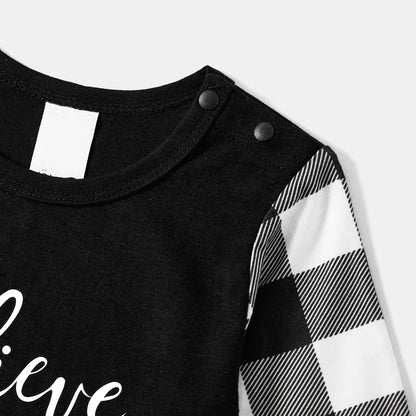 Christmas Hat and 'Believe“ Letter Print Patterned Black & White Plaid Pajamas Set