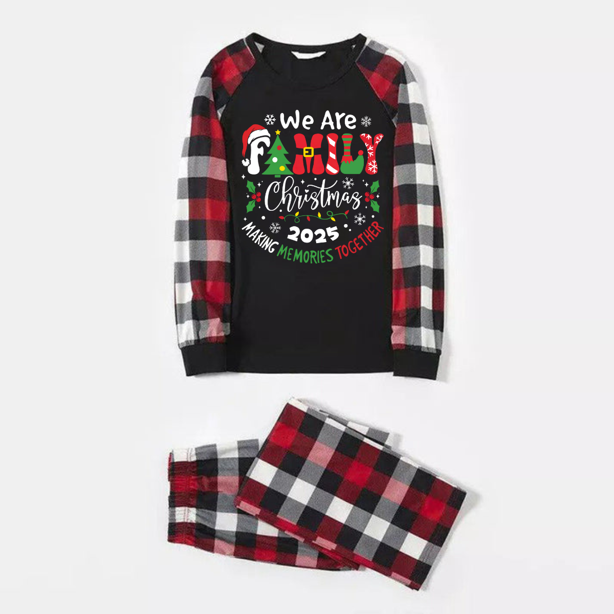 "We are Family 2025 Christmas Make Memories Together" Slogan Print Black Top With Red & Black & Grey & White Plaid Family Matching Pajamas