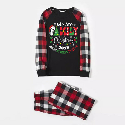 "We are Family 2025 Christmas Make Memories Together" Slogan Print Black Top With Red & Black & Grey & White Plaid Family Matching Pajamas