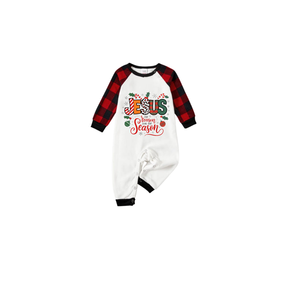 Black and Red Plaid Raglan Short Sleeve Pajamas Set With "Jesus" and Christmas Pattern Print