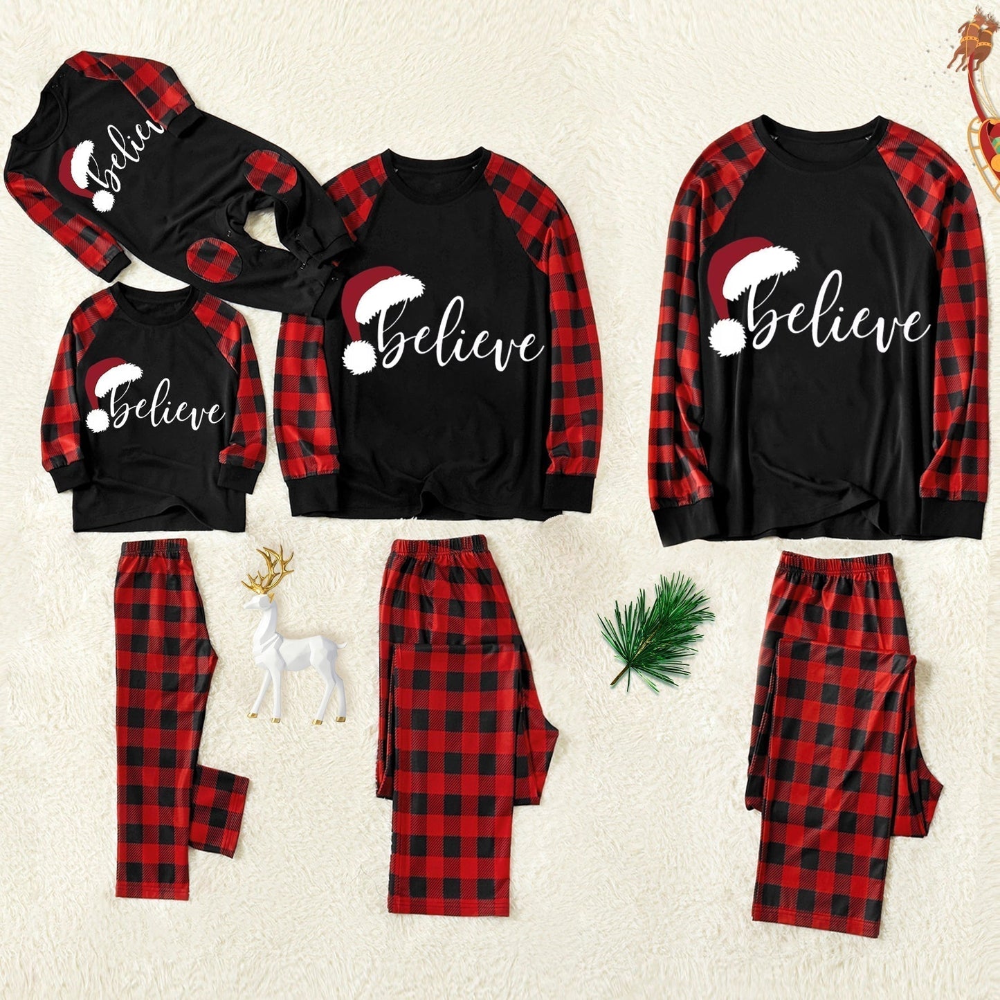 Christmas Family Christmas 2025 Letter Print Patterned Contrast Black top and Black & Red Plaid Pants Family Matching Pajamas Set